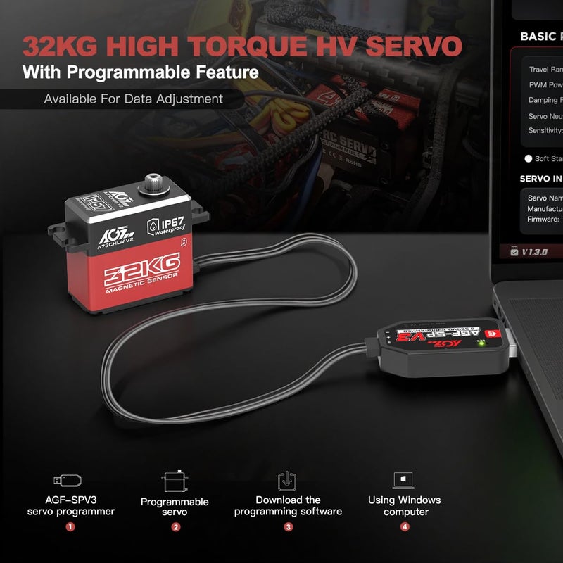 AGFRC 32KG IP67-Waterproof RC-Servo High-Torque - Full Metal Gear Coreless Steering Servo for 1/10 RC Car Boat Crawler, Control Angle 180Â° (A73CHLW V2) - Image 5